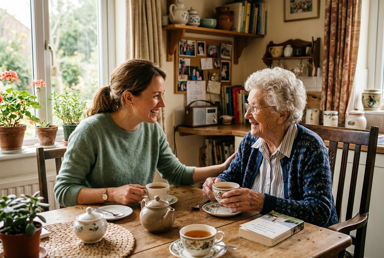 A caregiver and an older woman sharing tea at a kitchen table