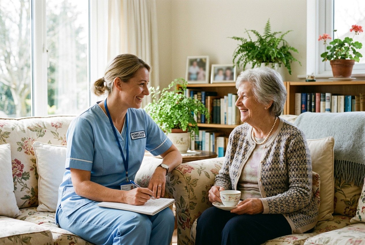 A home care nurse talking with an older woman in her living room