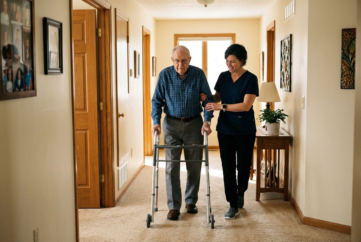 A caregiver helping an older man walk with a frame along a sunlit hallway