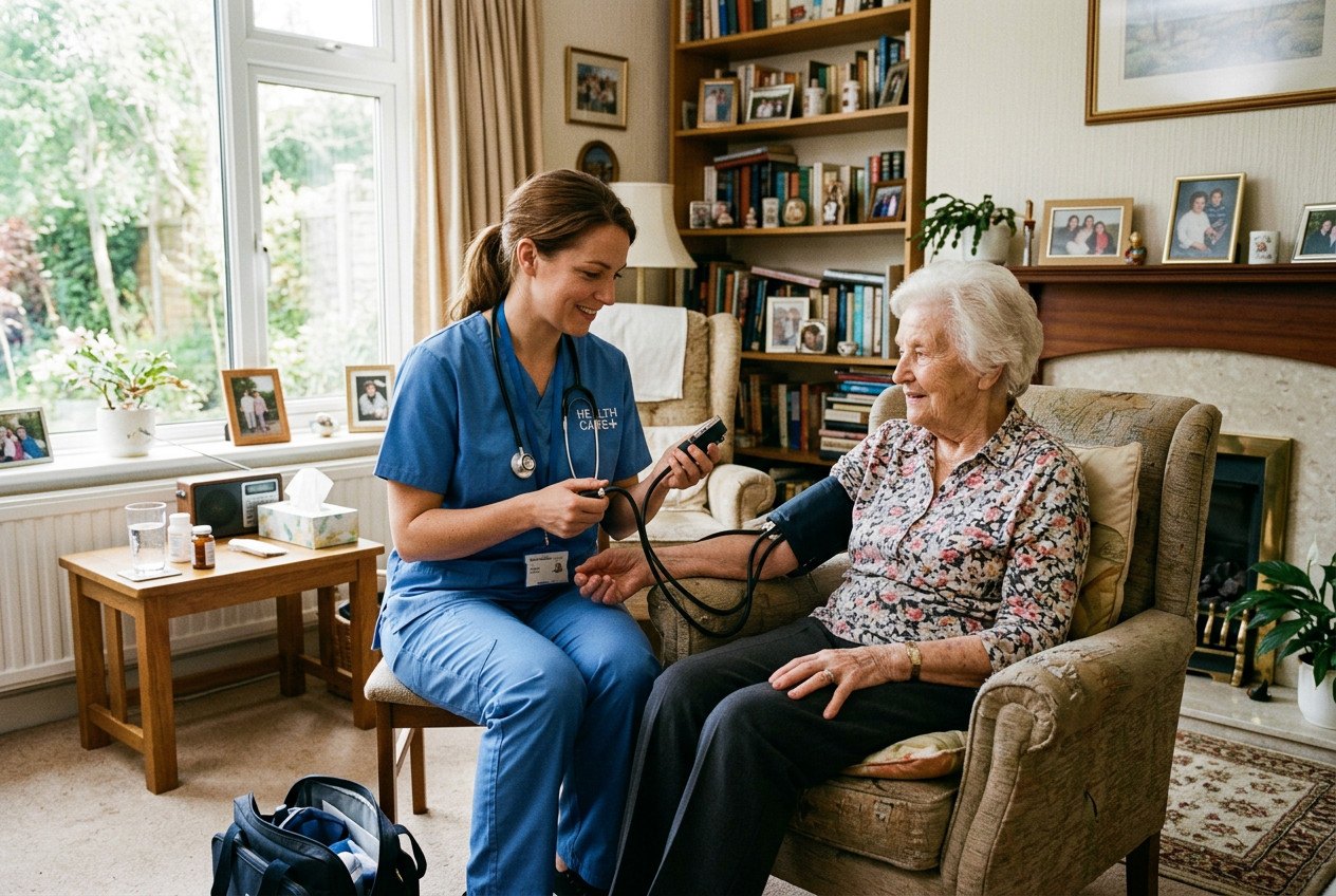 A home health nurse checking an older patient's blood pressure at home