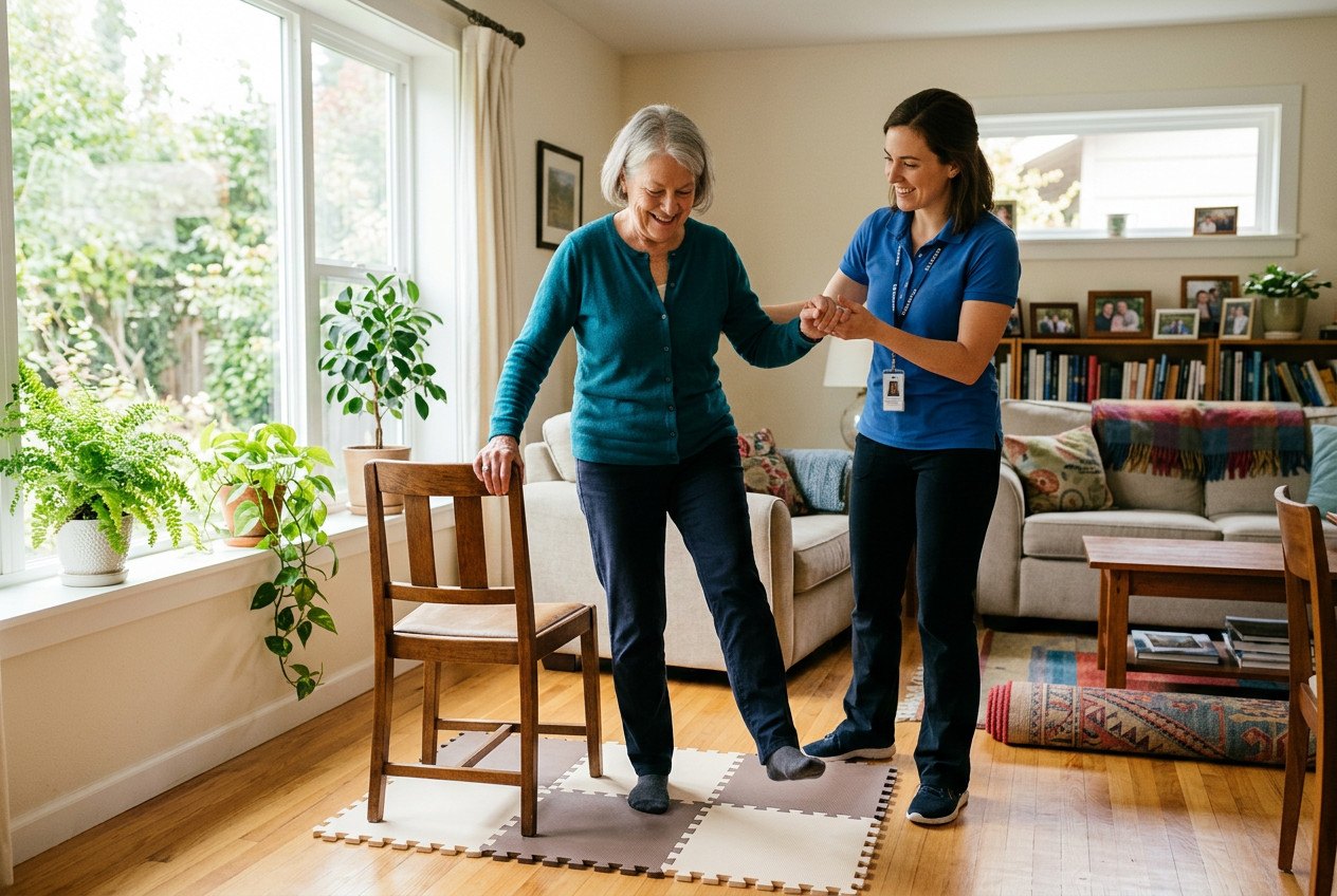 A physical therapist guiding an older adult through balance exercises at home